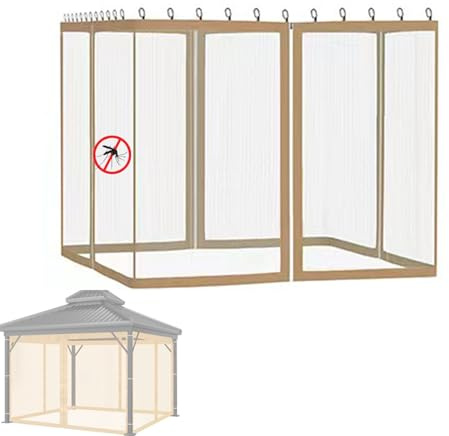 Seitenwand Pavillon 3x3 Beige, Ersatz Moskitonetz für pavillon, Outdoor Seitenteile Mückenschutz Fliegengitter Insektenschutznetz mit Reißverschluss und Haken (Khaki, 300 x 300 cm)