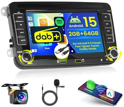 Hikity DAB/DAB+ ASP 2+64G Android 15 Autoradio für VW Golf 5 6 Passat Polo Tiguan Touran Caddy Skoda Radio Carplay Android Auto Wireless 7”IPS Touch Screen Radio BT Navi WiFi FM RDS Mirror Link