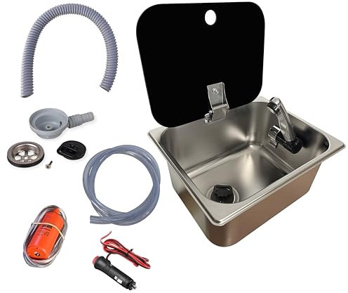 XENPER®️Kit Fregadero Camper Mediano con Tapa GARRAFAS A Elegir – Ideal para Kit Camper Furgoneta, Lavabo Caravana y Cocina Camper, Ideal para Muebles Camper (Grifo Lado Derecha, SIN GARRAFAS)