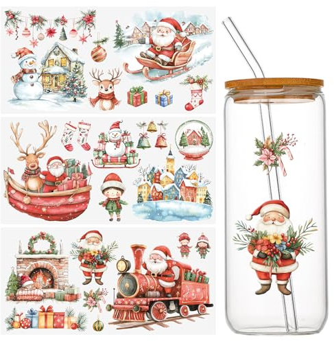 WANDIC 3 Sheets UV DTF Cup Warp Merry Christmas Rub on Transfer Stickers, Waterproof Decals for DIY Glass Window Water Bottle Furniture Crafts,15 * 30cm