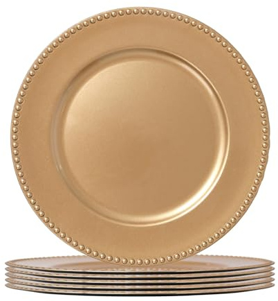 Argon Tableware Gold Charger Plates - 33cm - Dinner Set for 6 - Bead Design - Round Reusable Melamine Christmas Serving Dishes Large Dinnerware Christmas Plates Set for Party Celebrations, Weddings