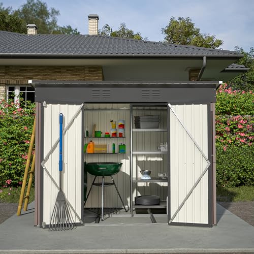 8×4 FT Metall Gerätehaus Gartenhaus mit Metallfundament – Wetterfestes Gartenschuppen aus verzinktem Stahl, Abschließbarer Geräteschuppen für Garten & Terrasse (Brown, 229 * 180 * 191cm)