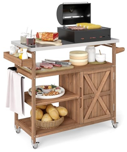 COSTWAY Grillwagen Outdoor, Servierwagen auf Rollen, Kücheninsel mit Edelstahl-Arbeitsplatte, Ablagen, Gewürzregal, Schrank & Handtuchhalter, Grill Trolley BBQ Grilltisch (1 Tür-118 x 47 x 92 cm)