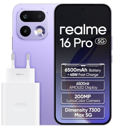 realme 16 Pro 5G Smartphone 8GB+512GB, Purple | Batteria 6500mAh, Ricarica Rapida 80W, Display AMOLED 6,78 pollici, 144Hz, Fotocamera 200MP, Dimensity 7300 Max, IP69