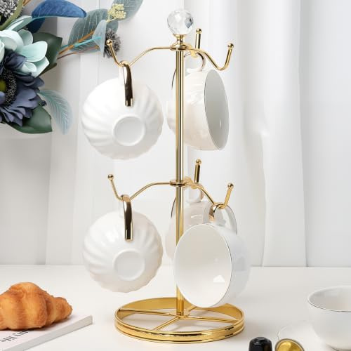 LWXPAIYY Mug Tree Coffee Cup Holder for Counter Top 6 Hooks(Gold) | Double Tier Metal Mug Tree for Counter with Crystal Ball for Small-Space,Mug Stand Tree Countertop with Patterned Base Rim