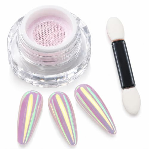 Cushion Aurora Chrome Nail Powder - Pink Mermaid Iridescent Mirror Effect Nail Art Glitter with Dual-Ended Sponge Applicator for DIY Manicure, Home Nail Design and Gift Ideas