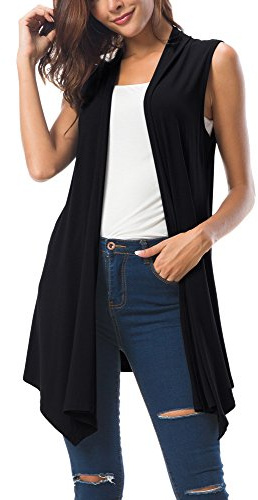 Urban Coco Damen Sleeveless drapierte vorne offen Cardigan Weste mit asymmetrischem Saum Mittel Schwarz