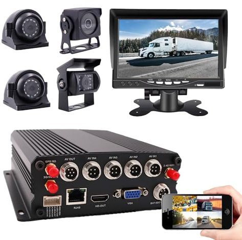 JOINLGO 4-CH 1080P AHD Mobile Vehicle Car DVR MDVR Video Recorder 4G GPS WIFI Kit Real-time Monitor on PC Phone with 4 Metal Side Front Rear View Backup Car Cameras 7 Monitor for Truck Bus Van RV