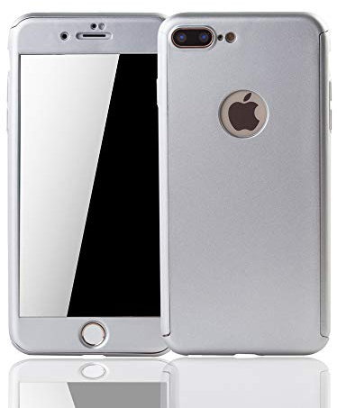 König Design Handyhülle Kompatibel mit Apple iPhone 8 + Plus Hülle 360 Grad Komplett Schutz Panzerglas Inklusive Silber