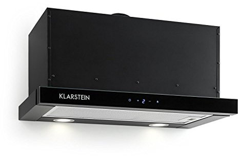KLARSTEIN Vinea - Hotte tiroir, Hotte casquette, Extra plate, Extractible, 610 m3/h, Eclairage halogène, Fonction extraction, 2 filtres à graisses, Matériel de montage fourni - Noir