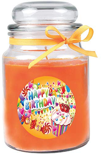 HS Candle Geburtstagskerze mit Duft im Bonbonglas Happy Birthday, Duft: Honigmelone (Orange), 500g - Brennd. bis zu 110h, Kerze aus Glas mit Duft