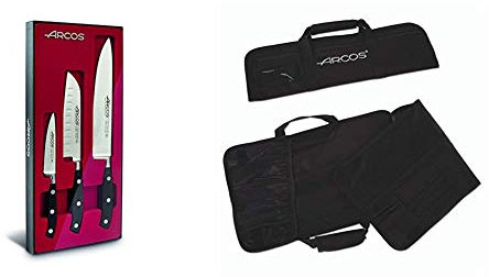 Arcos Riviera Juego de Cuchillos, Acero Inoxidable, Negro, 45x20x5 cm, 3 Unidades + 690200 - Bolsa con 4 compartimentos para cuchillos