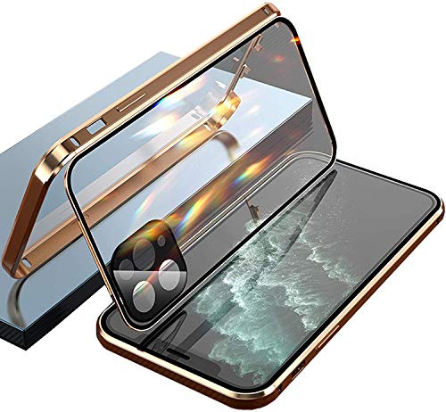 Hkess Hülle für iPhone 12 Pro Max Cover Magnetische Metallrahmen Case Camera Lens Protector Transparent Gehärtetes Glas Schutzhülle 360 Grad Handyhülle Kratzfest [Eingebautem Kamera Schutzfolie],Gold