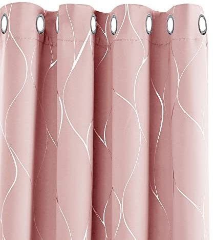 Deconovo Lot de 2 Rideau Occultant Rideau Thermique Isoltant Anti Froid a Oeillets avec Motif Argente Rose Corail 117x229cm