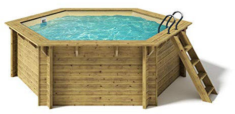 Paradies Pool® Holzpool Lani Komplettset inkl. Zubehör, Edelstahlleiter Tiefbecken, Folie Sand mit 0,8mm Stärke, Sechseck-Pool, 421 x 118 (Ø x H), Menge: 1 Stück