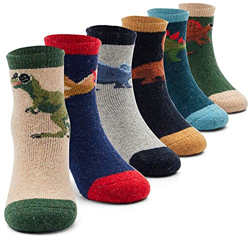 Aisyee 6 Paar Kinder Warme Wintersocken Jungen Dicke Thermo socken | bunte cartoon-motive thermosocken, weiches Wärmematerial, atmungsaktiv, bequem, ideal für Schule, Sport & Winter