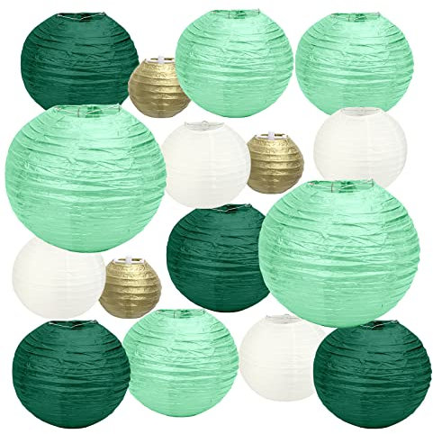 HONMOK 16 Stück Papierlaternen grün gold weiß Chinesische Papier Laterne Retro Olivgrün Baby Party Dekoration Hängende Papierlaternen für Taufe BabyParty Hochzeit Geburtstag