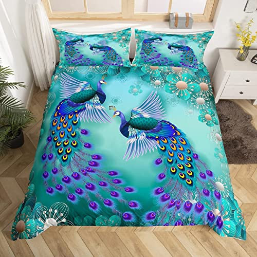 Peacock Comforter Cover Bohemian Duvet Cover Set Exotic Birds Animals Bedding Set Navy Blue Feather Teal Floral Fresh Natural Bedspread Cover With 2 Pillow Case Bedroom Decor Double Size Pastel