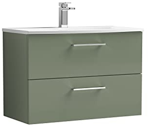 nuie ARN826G Arno Modern Bathroom Wall Hung 2 Drawer Vanity Unit with Curved Ceramic Basin, 800mm, Satin Green