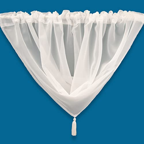 Plain Tasseled Voile Swags Net Curtains Voile Swag Valance Pelmet (White)