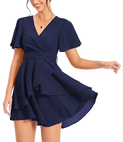 PCEAIIH Women's Cocktail Dresses Short Sleeve Empire Skater Dress Deep V-Neck Waist Tie Ruffle Mini Swing Dresses M Navy