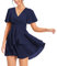 PCEAIIH Women's Cocktail Dresses Short Sleeve Empire Skater Dress Deep V-Neck Waist Tie Ruffle Mini Swing Dresses M Navy
