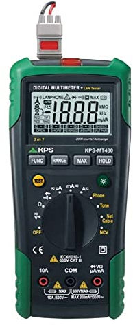 KPS 774701 Multimetro Digitale per Test Cavi tefefonici e LAN di 2000 Counts, KPS-MT480 Nero/Verde