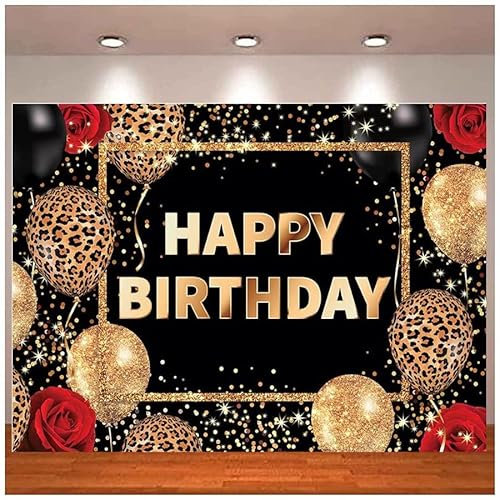 Fotografie Hintergrund Schwarz Gold Roter Leopard Happy Birthday Banner für Frau Luftballons Rose Party 30. 40. 50. Hintergrund 180X120cm