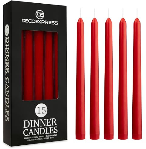 DECO EXPRESS Stabkerzen Set 6er, 10, 15 oder 50er, Lange Brenndauer bis zu 8 Std, Geruchslos(Rot, 15-er Set)
