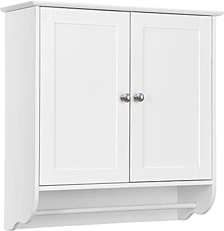 COSTWAY Bathroom Wall Cabinet, Wooden Storage Cupboard with 2 Doors, 3-Position Adjustable Shelf & Towel Bar, Wall Mounted Medicine Cabinet Unit for Kitchen, Living Room and Hallway (White)