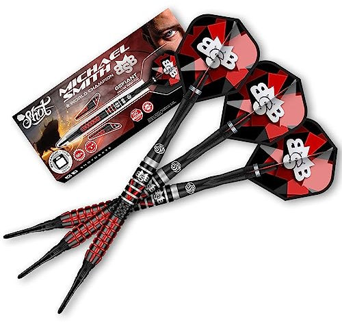 Shot! Soft Darts | Michael Smith | Bully Boy Defiant | 90% Tungsten Softtip Darts | Softdart | Hochwertige Tungsten Dartpfeile Set mit Schäften und Flights | Made in Neuseeland | 20 Gramm