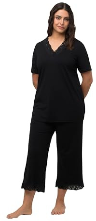 Ulla Popken Damen große Größen Übergrößen Plus Size Pyjama, Lochstickerei, V-Ausschnitt, Halbarm, Modalmix schwarz 46+ 806944100-46+