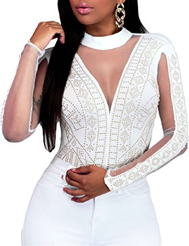 MAYFASEY Women Rhinestone Mesh Long Sleeves Bodysuits Sheer Leotard Clubwear, White, S