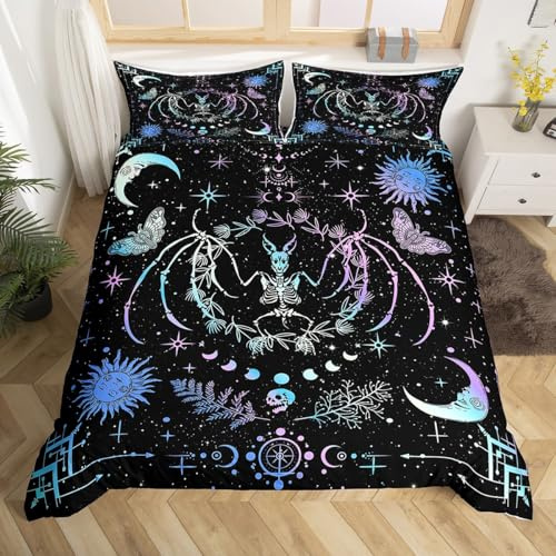 Fledermaus Gothic Schädel Bettbezug Set S Größe,Sonne und Mond Bettwäsche,Aquarell Blau Lila Sterne Schmetterling Tröster Abdeckung Kinder Mädchen Zimmer,exotische Boho Quilt Cover,1 Kissenbezug