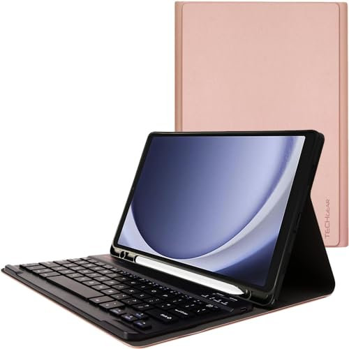 TECHGEAR Custodia con tastiera per Samsung Galaxy Tab A9 Plus 11 (SM-X210/SM-X215) [Strike Folio] in pelle PU con tastiera QWERTY wireless Bluetooth staccabile e supporto (oro rosa)