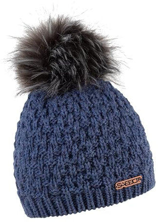 SABBOT Schick Damen Mütze mit Pelzbommel, Fleece-Futter, Wintermütze, Modernes Strickmuster, Warme Kappe (Blaue Highlights)