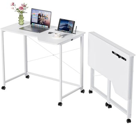 Lvhecforhm Mesa Escritorio Plegable, Blanco Mesa de Oficina Plegable, para Ordenador, Pequeño Mesa Ordenador Plegable Escritorios portátiles para Estudio, Casa Oficina 90x56x75cm