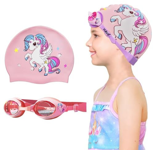 Crazybean Gorro Silicona Natacion con Gafas Natación Ajustable para Niños Niña Niño Touca Natação Unicornio Rosa