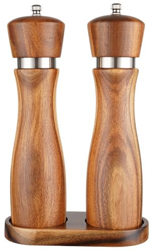 Wooden Salt and Pepper Grinder with Holder Tray 8 inch Set of 2, Acacia Wood Pepper Mill Shaker Pepper Grinder Kit with Adjustable Ceramic Shaker for Barbecue Kitchen Decoration Restaurant