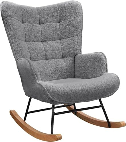 ALUKKAY Schaukelstuhl Relaxstuhl Schaukelsessel mit Sherpa-Vlies, Massivholz und Metallrahmen Teddystoff Schwingsessel mit hohe Rückenlehne Wohnzimmersessel mit gepolsterter Sitzfläche (Dunkelgrau)