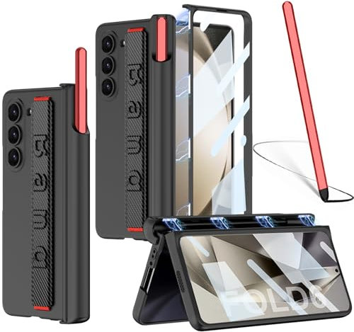 NINKI Custodia per Samsung Galaxy Z Fold 6 con S Pen (rosso) in fibra di carbonio, MAGNETIC con cerniera per Samsung Z Fold 6, con supporto per penna S, Galaxy z Fold 6, con cinturino