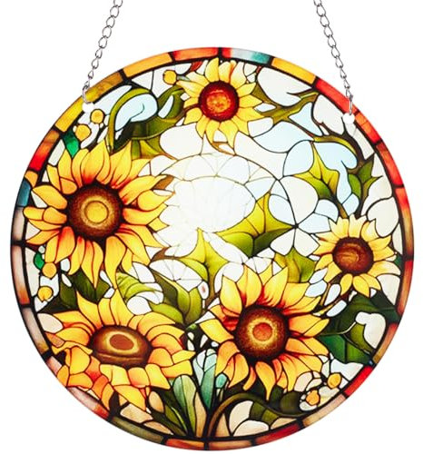 CREATCABIN Sonnenfänger Sonnenblumen Bemalung Fenster Aufhängen Blumenornament Rund Acryl-Fensterdekoration Mit Eisenkette Biegeringen Frühlingszimmer Ausstellung Geschenk Familie Freunde 15x15cm