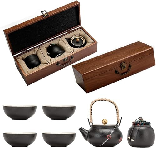 DACUDA Set da tè, Set da tè Cinese Gongfu con Scatola di Legno, teiera Portatile in Porcellana Giapponese e 4 Tazze da tè Set da tè in Contenitore per tè per Amico Adulto