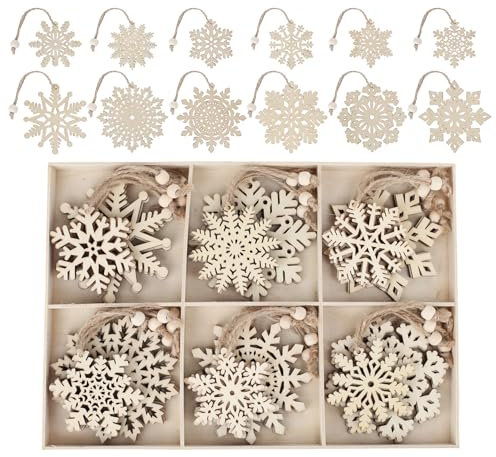 ilauke 36 Stück Weihnachten Schneeflocke Holzanhänger, 12 Design 2 Größen Weihnachtsdeko Holz DIY Basteln, Weihnachtsbaum Deko fur Kinder, Schneeflocken Christbaumschmuck Geschenkanhänger mit Juteseil