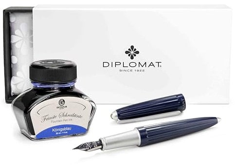 Diplomat Aero Füllhalter Midnight Blue mit Edelstahlfeder M und Füllhaltertinte Königsblau
