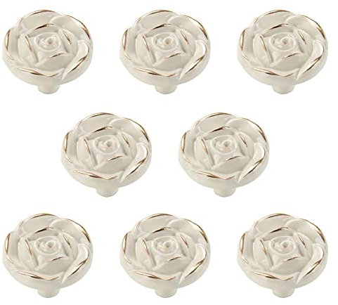 Giilayky 8 PièCes Boutons D'Armoires à Fleurs Roses Antiques, PoignéEs de Tirage de Tiroir Blanc en Alliage de Zinc Chic Minable de Cuisine Vintage pour Commode