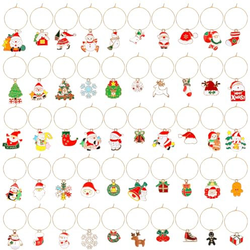 OOTSR Marcadores de Copas para Navidad, 50Pz Marcadores Vasos y Copas de Cristal Reutilizables para Bebidas Vasos de Vino Tazas, Coloridos Identificador de Vasos para Fiesta Cóctel Champán Bar