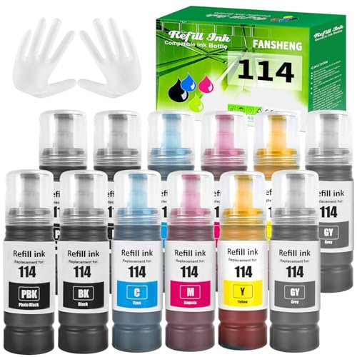 FANSHENG 114 Tinte kompatibel mit Epson 114 Tintenfehlflaschen für ET-8500 ET-8550 Drucker (12 Pack 2Schwarze/2Foto Schwarze/2Cyan/2Magenta/2Gelb/2Grau)