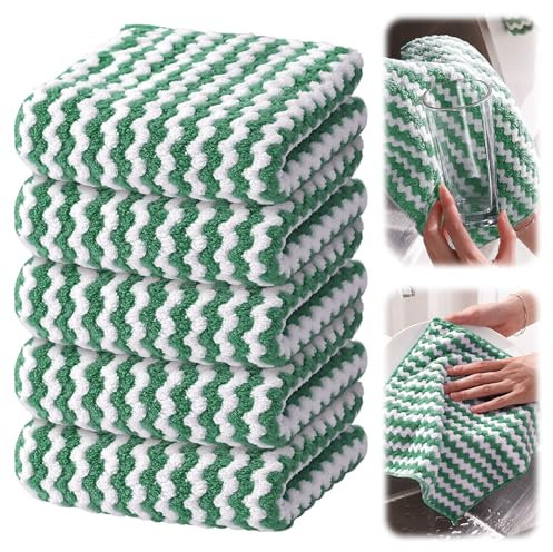 GJV 5 Pack Kitchen Dish Rags Absorbent Quick Drying Cloths for Kitchen,Washing Dishes,Cleaning Rags Reuseable Cleaning Dishcloths Microfiber Washing Dishes Scrubbing Wash Towels Sets (Green, 30x30cm)