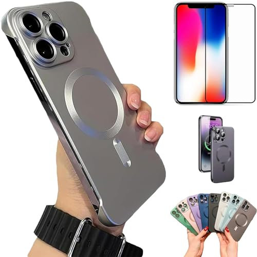 ZHKVAG Flowarmth Frameless Matte Ultra Thin Magnetic Case for iPhone, Zentric Phone Case for iPhone 16/15/14/13/12 Pro Max, Frameless Magnetic Shockproof Lens Protector (13, Silver)